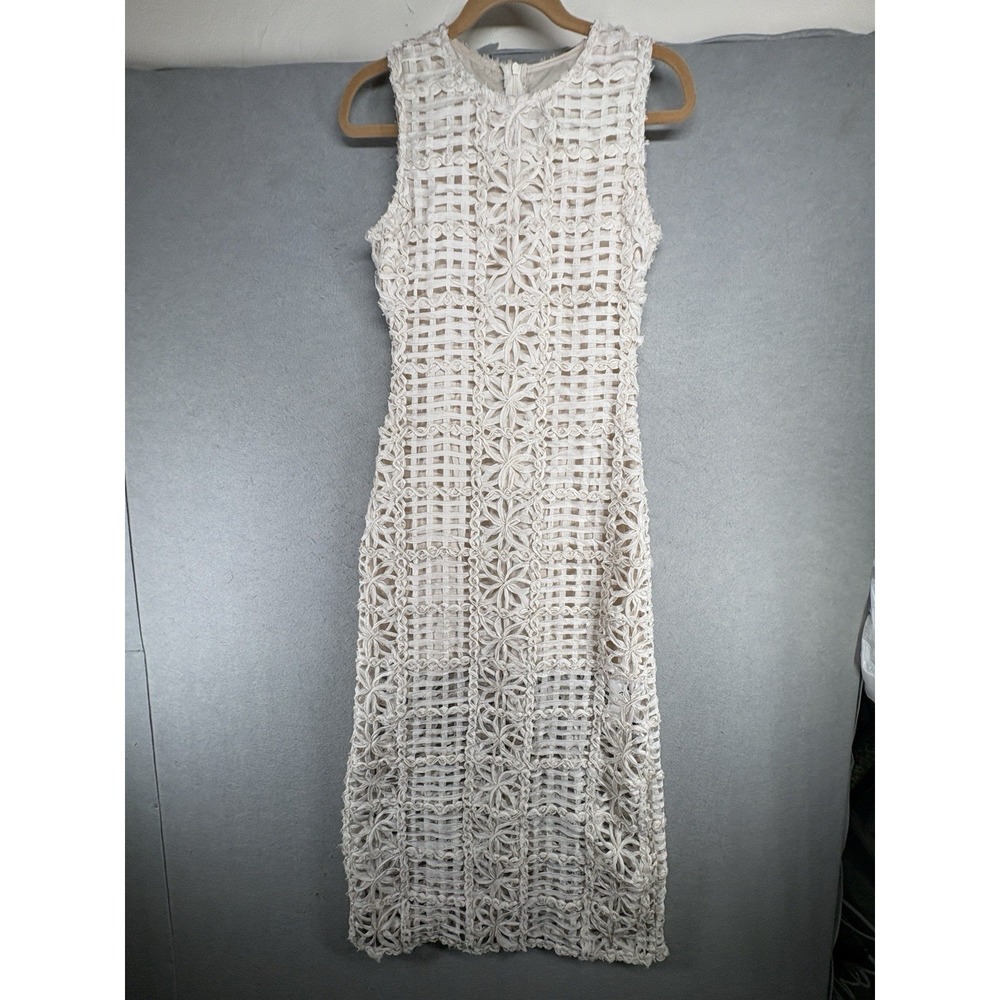 Sleeveless Textured Maxi Dress Woven Flowers Frolick Lattice Design‎ Ivory Sz 4